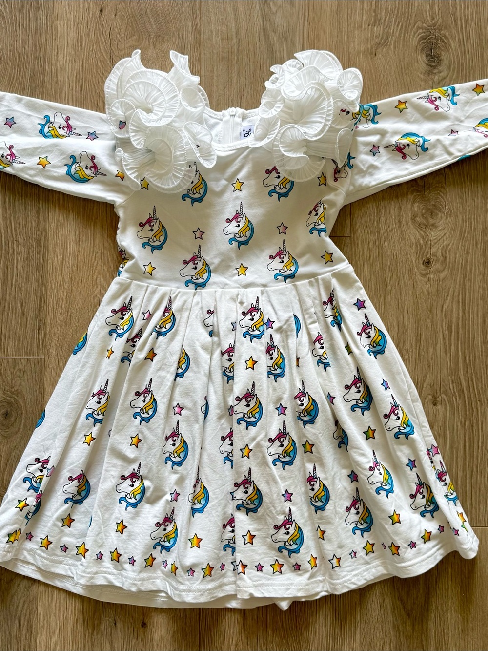 Lola + The Boys White Unicorn Print Dress with Ruffle Collar